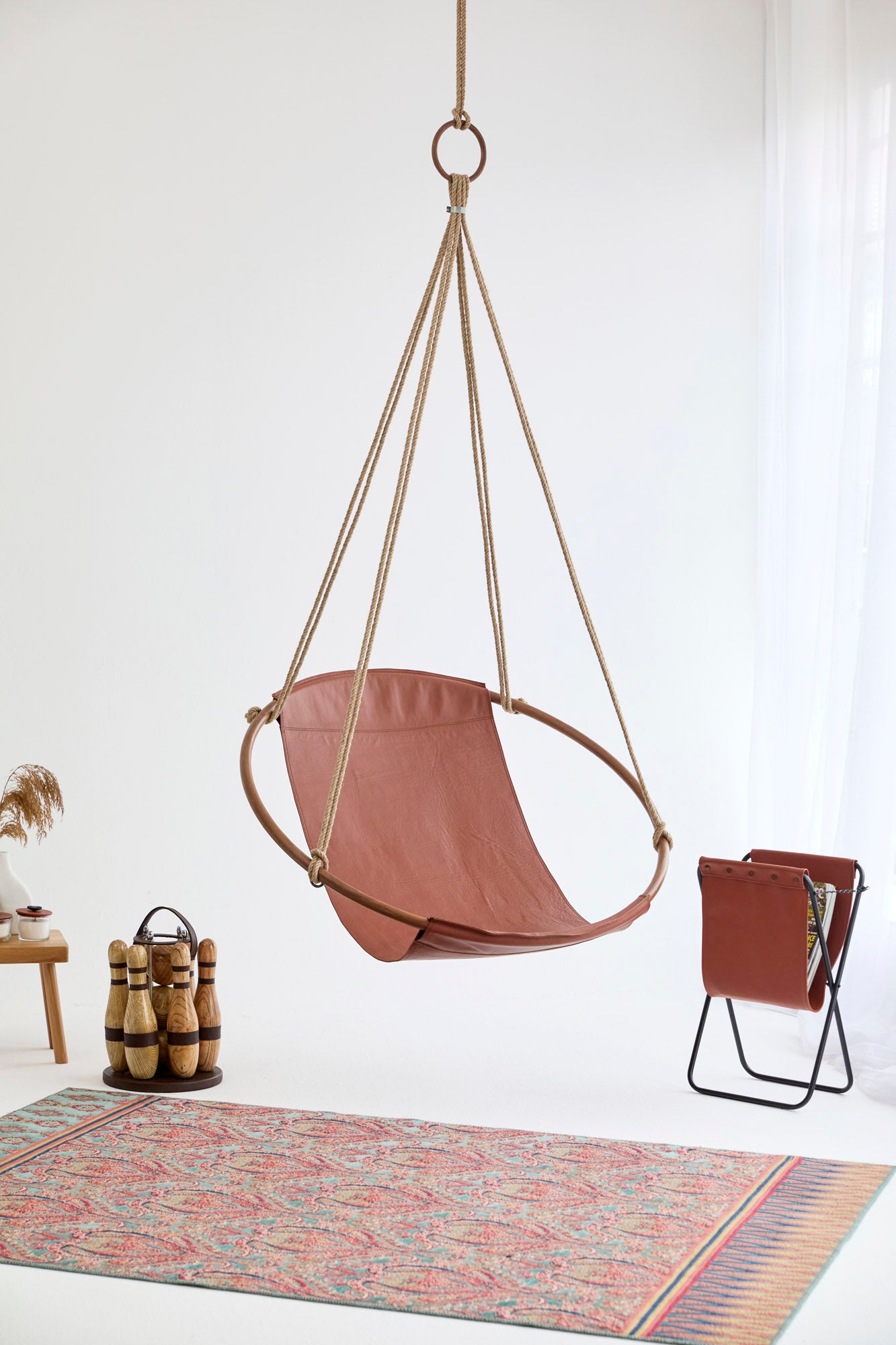 Teak Frame Genuine Leather Hanging Chair