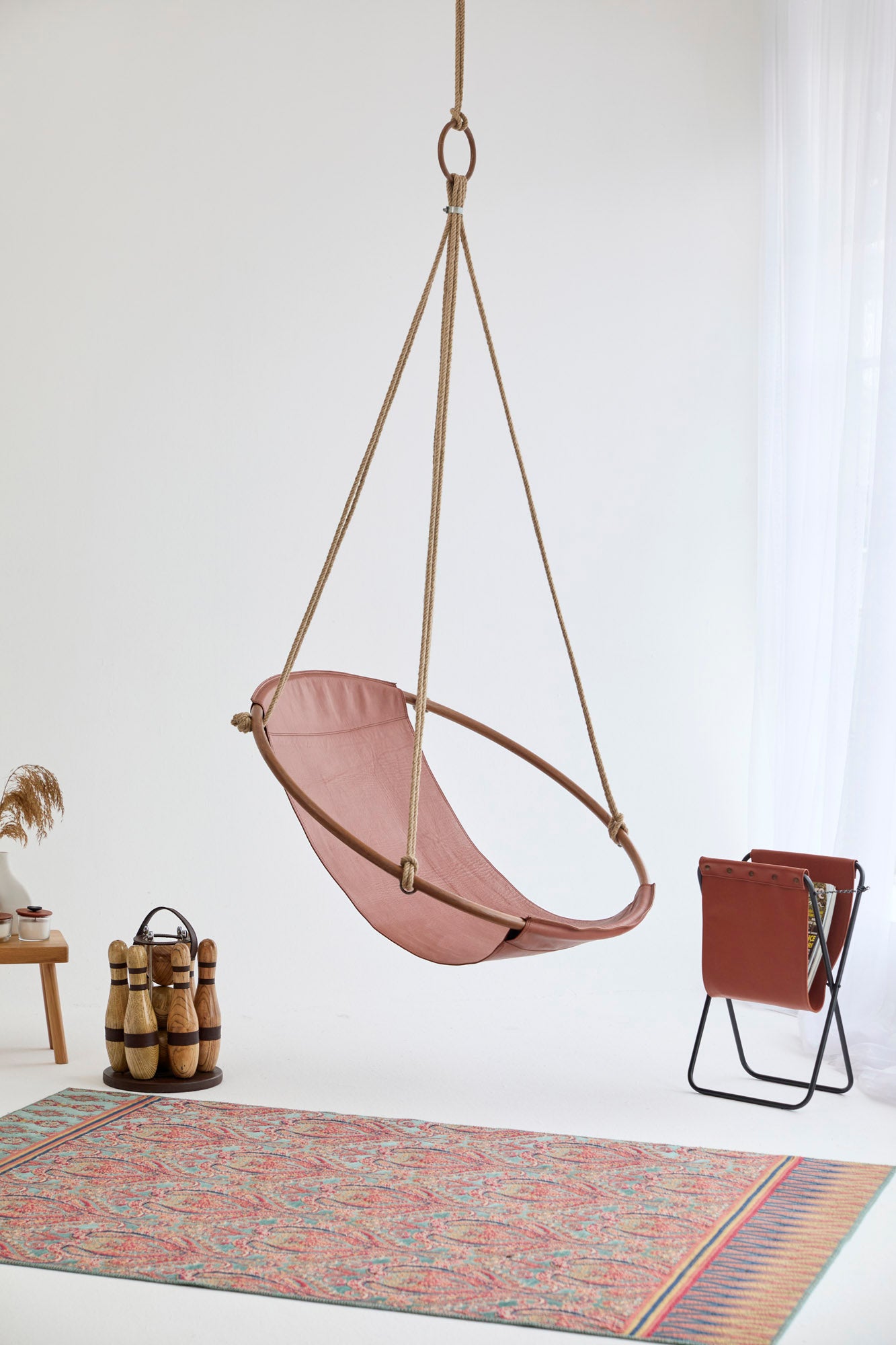 Teak Frame Genuine Leather Hanging Chair