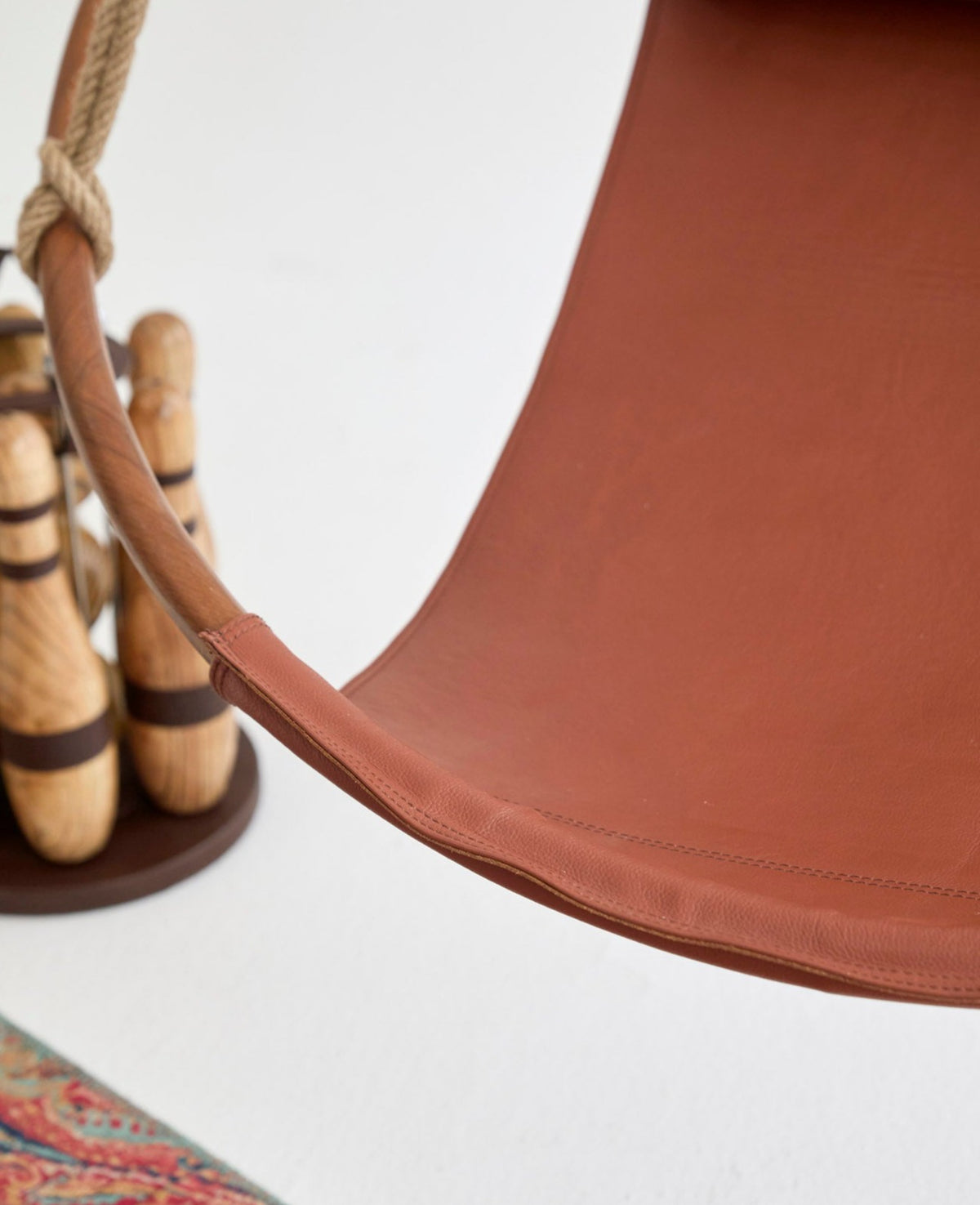 Teak Frame Genuine Leather Hanging Chair
