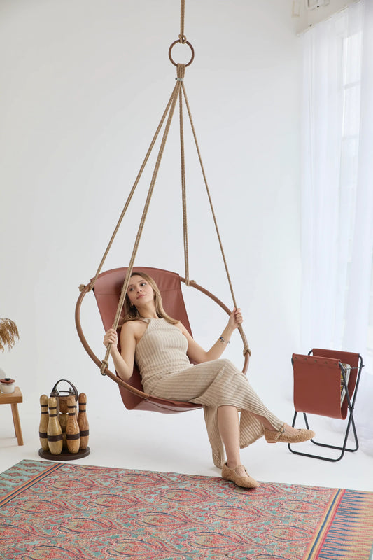 Teak Frame Genuine Leather Hanging Chair